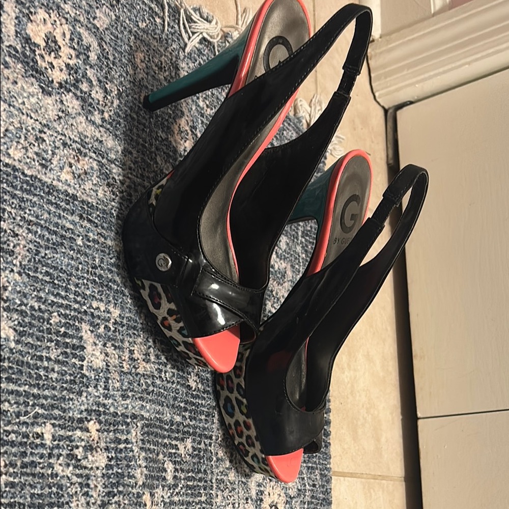 G by Guess Black and Pink Leopard Heels